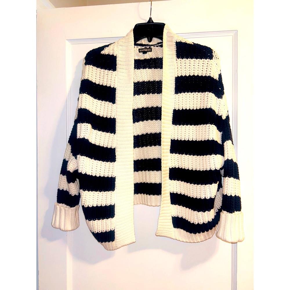 Express Navy White Chunky Cable Knit Cardigan Sweater Small